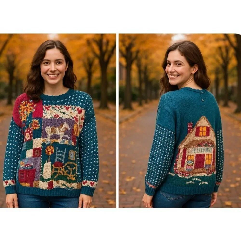 Vintage 80’s Cape Isle Knitters Patchwork Hand Knit Cottagecore Sweater L-RARE